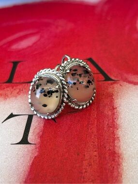 Dalmatian Jasper Sterling Silver Stamped Oval Drop Earrings Screwbacks